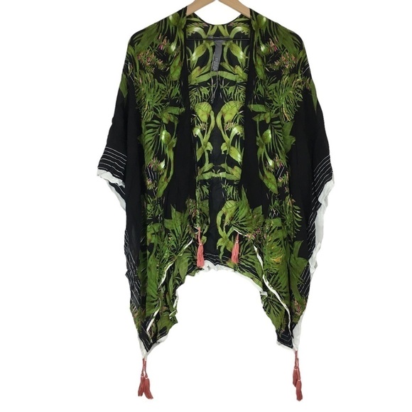 VINCE CAMUTO Tropical Beach Cover Up Kimono Wrap Tassels Stripe Palm Leaves OS - Picture 1 of 14